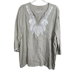 Symple NYC Linen Tunic Embroidered Sequin Oat Tan Size‎ 1X Lagenlook